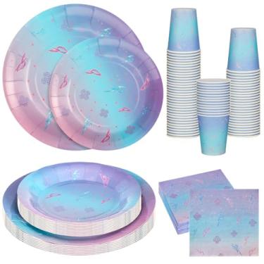 Imagem de LemonRoad Conjunto de pratos e guardanapos de papel com tema Kpop com 100 peças, roxo, azul, rosa, gradiente com padrão de relâmpago, para festa coreana, aniversário, casamento, feriado, decoração de