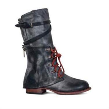 Imagem de Bigfanshu Sapatos femininos vintage inverno outono couro PU botas com cadarço cano médio fivela alça zíper plataforma botas de equitação conforto atlético ocasião elástica botas de cano alto botas de frio, Preto, 35 BR