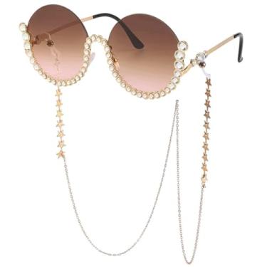 Imagem de Óculos de sol femininos de luxo, armação circular, imitação de diamante, com corrente, UV400 (dourado, marrom e rosa)