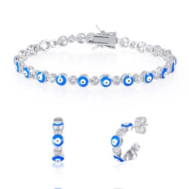 Imagem de MDFUN Conjunto de 2 peças de pulseira de zircônia cúbica banhada a ouro 18K e brincos de argola aberta para mulheres, A, Zircônia cúbica