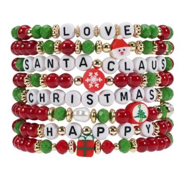 Imagem de Pulseiras de Natal para mulheres Heishi Surfer Polymer Clay Stretch Joy & Merry Candy-Style Stacks para mulheres e adolescentes - Presentes de Natal perfeitos, One Size, Miçangas, Sem Pedra Preciosa