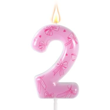 Imagem de Vela de aniversário com laço rosa, número com tema de laço elegante, enfeite de bolo de aniversário para mulheres, meninas, festas de casamento, chá de bebê, decorações de aniversário (número 2)