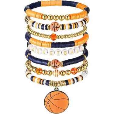 Imagem de KLSKLYL 【Conjunto de 8 peças de pulseiras Super Bowl】 Pulseiras com tema esportivo para dia de jogo – Conjunto de miçangas unissex de futebol, basquete, vôlei e beisebol, One Size, Argila de polímero