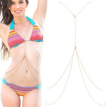 Imagem de Correntes de corpo sexy douradas para mulheres, sutiã crossover, corrente de cintura, biquíni, praia, rave, festa, joia corporal, para mulheres (corrente dourada), 55cm, Metal não precioso, Sem Pedra