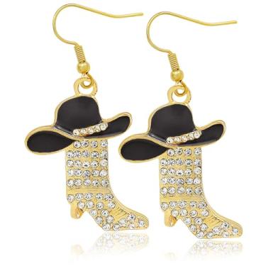 Imagem de Western West Cowgirl Texas Boots Spur Brincos pendentes Country Concert Outfit Accessories Rodeo Boho fantasia vestido chique, botas douradas, chapéu preto