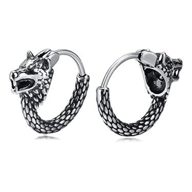 Imagem de Rockyu Brincos de argola masculinos com design de lobo, aço inoxidável, preto, prata, formato de dragão, joia animal para festa de Halloween