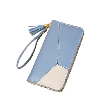 Imagem de Carteira feminina dobrável com zíper de couro PU com botão de pressão de metal, bolso para moedas, porta-cartões com vários compartimentos, Azul, L, Tendência