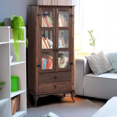 Imagem de Cristaleira Rústica Madeira Maciça 2 Gavetas Portas de Vidro Imbuia