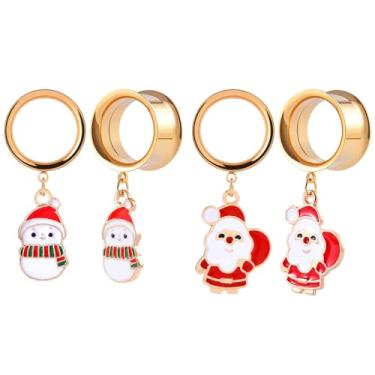 Imagem de ERKUOO Conjunto de 4 peças de túneis de orelha de Natal de aço inoxidável, alargador duplo, alargador dourado, com Papai Noel, boneco de neve, rena, bengala doce, pingentes, joias alongadas, presente