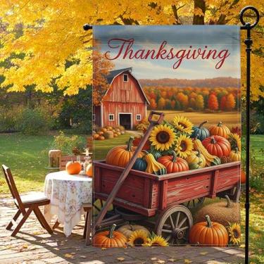 Imagem de Bandeira de jardim de Ação de Graças 30 x 45 cm - Bandeira pequena de decoração de jardim de dupla face, carroça vermelha impressa de Ação de Graças com abóboras, girassóis, celeiro vermelho, floresta