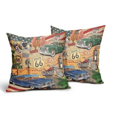 Imagem de Vrysenium Capas de almofada para carro antigo, 45,7 x 45,7 cm, conjunto de 2 capas decorativas clássicas de linho de algodão para carro, rota 66, capa de almofada de motocicleta para quarto, sofá