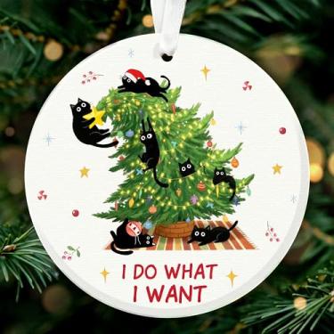 Imagem de ZAGKOO Enfeites de Natal engraçados para gatos – "I Do What I Want" decoração de árvore de acrílico redondo com gatos pretos e árvore de Natal, para amantes de gatos, decoração de férias para donos de