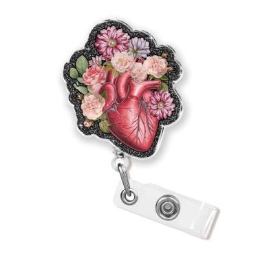 Imagem de Carretel de crachá de coração floral de 4 cm cardiologia estética anatômica enfermeira CNA estudante de enfermagem flebotomia farmácia suporte de crachá médico clipe retrátil cordão acrílico para