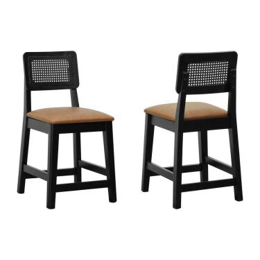 Imagem de Kit 2 Banquetas Madeira Maciça Encosto Telinha Assento Estofado - Preto Corano Marrom Mescla