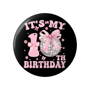 Imagem de Botão de alfinete de aniversário de 10 anos – Emblema de aniversário rosa fofo, preto e rosa, redondo, decoração de festa de aniversário de 6 cm e presente para ela