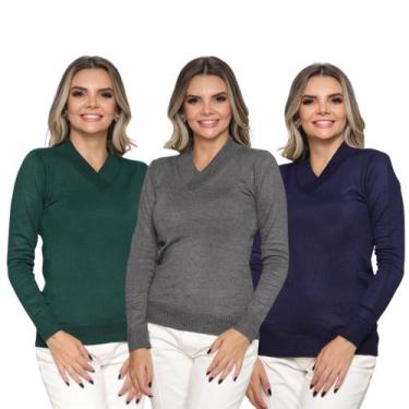 Imagem de Kit 3 Blusas Feminina Sueter Tricô Macio Gola V Manga Longa Inverno - 