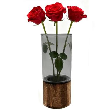 Imagem de Vaso de flores grande com base de madeira artística de 25 cm, estilo boho moderno para casa, cozinha, lareira, escritório, casas, decorações de jardim - cinza