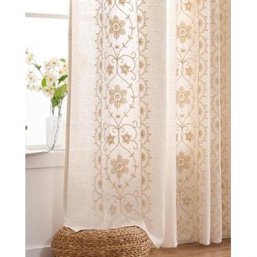 Imagem de Cortinas Boho 2 painéis para sala de estar marfim vintage floral bordado cortinas de linho com estampa de casa de fazenda de 96 polegadas para quarto filtragem de luz ilhós tratamento de janela marfim