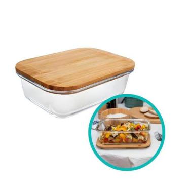Imagem de Pote Hermético De Vidro Tampa Bambu Marmita Armazenamento Retangular 1
