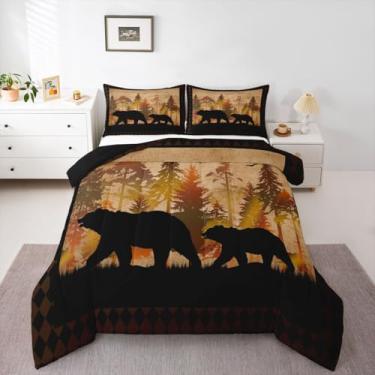 Imagem de Erosebridal Jogo de cama queen size com urso, decoração de cabana de fazenda rústica, 3 peças, para quarto de crianças, adolescentes, adultos, homens, animais de caça, Wodland, vintage, marrom