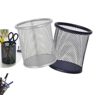 Imagem de Kit 2 Porta Caneta e Lápis Redondo para Escritório de Ferro Organizador Preto e Cinza Aramado Resistente