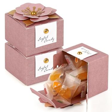 Imagem de Linkidea 20 caixas de presente dobráveis florais rosa 6,5 cm x 6,5 cm x 4,5 cm para lembrancinhas de casamento, elegantes caixas de agradecimento de festa com etiquetas