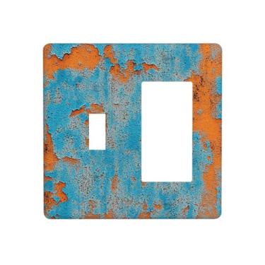 Imagem de JDAKHD Capas de tomada decorativas rústicas azuis laranja abstratas 2 gangues capa de placa de parede metal ferrugem vintage interruptor interruptor elétrico placa de interruptor banheiro quarto