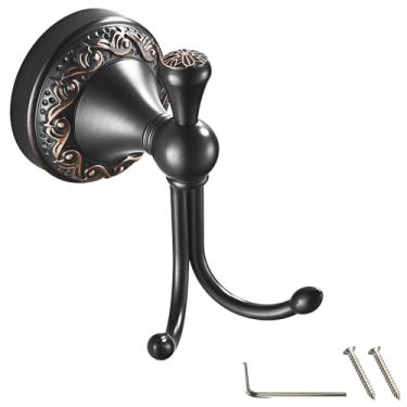 Imagem de Gancho de parede de latão antigo com gancho duplo, base redonda com padrões decorativos para banheiro e cozinha, inclui parafusos de expansão e chave de fenda em forma de L