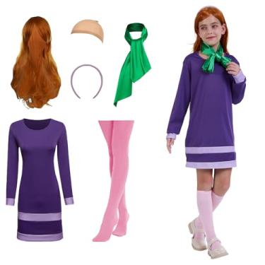 Imagem de KDAFJLKD Fantasia de Halloween para meninas, vestido roxo, cosplay com acessórios, peruca, cachecol, faixa de cabeça, meias (160 (14 anos))