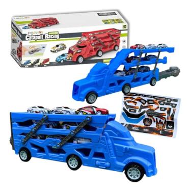 Imagem de Caminhão Cegonha Carreta Pista Com Lançador E 6 Carrinhos (AZUL)