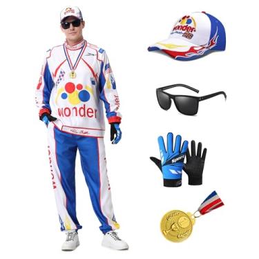 Imagem de Powzaty Fantasia masculina de piloto de corrida para adultos, macacão de corrida de Halloween, macacão de corrida com chapéu, luvas de óculos de sol (branco, azul, adulto GG)