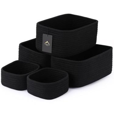 Imagem de VIRETH HAUS Pacote com 5 cestas pequenas de armazenamento de corda tecida – 2 tamanhos de caixas organizadoras para armário, prateleira, estante, berçário, trocador, caixas de cubo de tecido, caixas