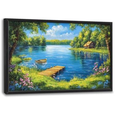 Imagem de Arte de parede grande de cabana de lago para sala de estar, decoração de parede de barco de árvore grande emoldurada flores silvestres natureza paisagem pintura em tela arte moderna para banheiro