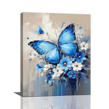 Imagem de Crekviy Arte de parede de flores de borboleta azul vintage fotos de borboletas decoração de parede em tela pinturas arte decoração meninas presentes para banheiro quarto sala de estar emoldurado 40,6
