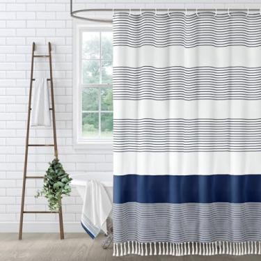 Imagem de XOGUIBO Cortina de chuveiro azul marinho algodão litoral oceano listrado cortinas de chuveiro para banheiro com borla 182 x 182 cm