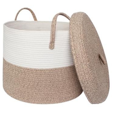 Imagem de WILLITAT Cesta de armazenamento com tampa, cesta grande de cobertor de 40,6 x 40,6 x 33 cm, sala de estar, cesto de corda de algodão com tampa, cesto de roupa suja de vime com tampa, caixa de