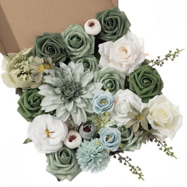 Imagem de Khyxvbcd Conjunto de 30 flores artificiais, flores verdes, flores de seda, rosas de dália, com hastes para buquês de noiva, chá de bebê, arranjos florais, centros de mesa, decorações de casa.