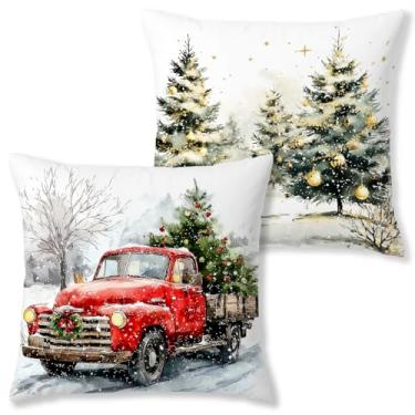 Imagem de Welshower Capas de travesseiro de caminhão de árvore de Natal de inverno 45,7 x 45,7 cm, captador de árvore dourada de Natal para sofá, quarto, sala de estar, casa, conjunto de 2