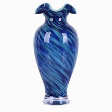 Imagem de Vaso de vidro decorativo soprado à mão, vaso de vidro azul exclusivo, decoração de casa de arte moderna, perfeito como peça central para mesas de jantar de sala de estar, exibição em armários de TV ou