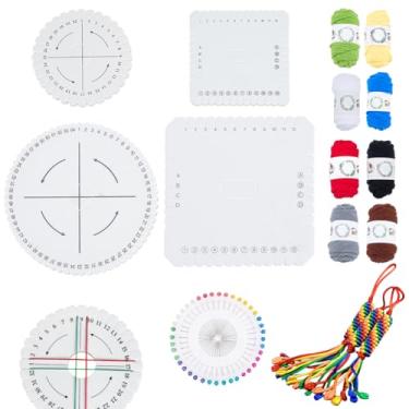 Imagem de WEBEEDY Kit Kumihimo para iniciantes, 4 discos Kumihimo trançados com 8 cores de fios de algodão, conjunto de discos de tricô de pulseira quadrada e redonda para artesanato e materiais de tecelagem de