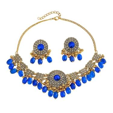 Imagem de Conjunto de colar de gargantilha com pingente de borla indiana com contas redondas CZ brincos gargantilha corrente ajustável para mulheres banhado a ouro Bollywood Uniqie moda joias modernas, Medium