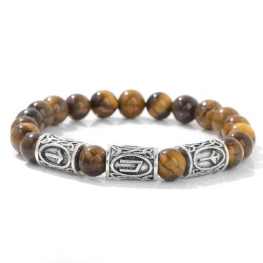 Imagem de Chiorgone Pulseira com símbolo viking olho de tigre - pedra preciosa runa nórdica para riqueza, confiança e proteção - Joia espiritual unissex