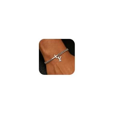 Imagem de chorfla Pulseiras com contas cruzadas masculinas inicial A - Z Faith Cross Bracelets, pulseira de corrente com inicial inicial de aço inoxidável, joia religiosa, presente para homens, One size fits