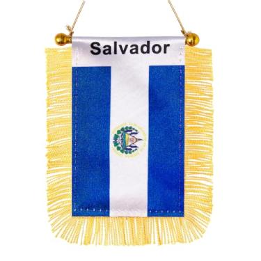 Imagem de JBSJBS Bandeira suspensa de El Salvador mini bandeiras pequenas de janela de carro de salvadorenhos banners decoração de espelho retrovisor bandeiras de El Salvador com ventosa com franjas douradas
