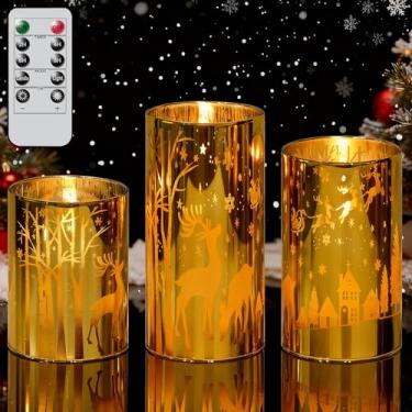 Imagem de Wondise Velas de LED sem chama de rena dourada de Natal com temporizador remoto, vidro galvanizado operado por pilar de cera real cintilante 3D para decoração de casa de Natal