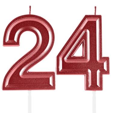 Imagem de Velas de aniversário de 24 anos, numerais vermelhos, 24 topper de bolo, decoração para meninas e meninos, tema de aniversário, festa de casamento, artigos de celebração