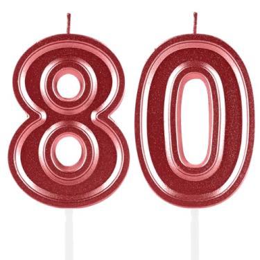 Imagem de Velas de aniversário de 80 anos, numerais vermelhos 80 topo de bolo, decoração para meninas e meninos, tema de aniversário, festa de casamento, artigos de celebração