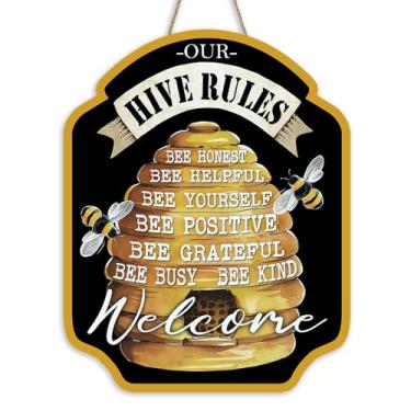 Imagem de Bolisom Hive Rules Placa de boas-vindas para porta da frente, cabide inspirador de madeira tipo abelha, decoração de casa, decoração de casa, guirlanda de madeira de mel motivacional, decoração de