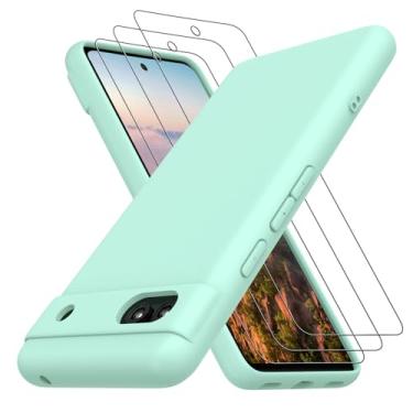 Imagem de Neseovge Capa de telefone para Google Pixel 7A com 3 películas de vidro temperado, TPU de silicone líquido macio com forro de microfibra, capa protetora de corpo inteiro para Google Pixel 7A, ciano