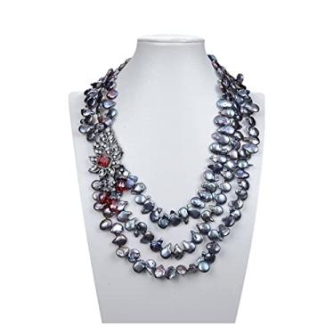 Imagem de URMIBDAI Joias 3 fileiras moeda Keshi preta pérola colar de cristal vermelho pave conector de cristal para mulheres colar com pingente